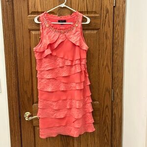 SL fashion, tiered, sleeveless, salmon, peach colored dress with rhinestones 16